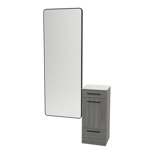 Rococo Mobile Styling Station with Tilt-out Appliance Holder, Solid Surface Countertop, and Black Full-Length Rectangle Westin Mirror - Kaemark