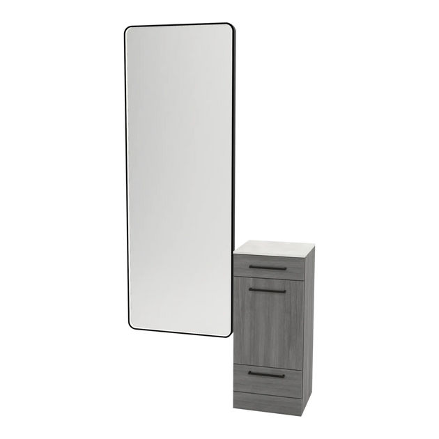 Rococo Mobile Styling Station with Tilt-out Appliance Holder, Solid Surface Countertop, and Black Full-Length Rectangle Westin Mirror - Kaemark