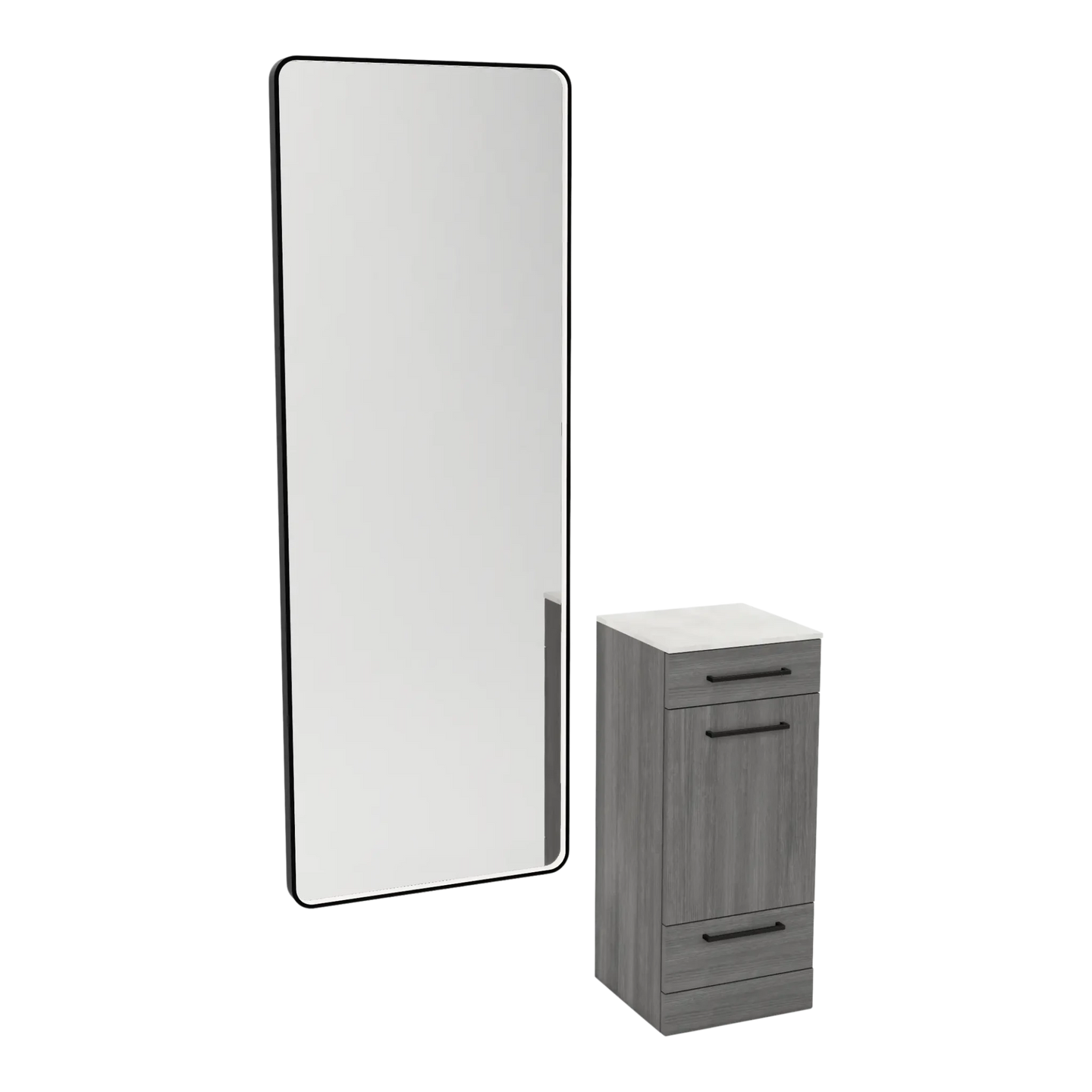 Rococo Mobile Styling Station with Tilt-out Appliance Holder, Solid Surface Countertop, and Black Full-Length Rectangle Westin Mirror - Kaemark