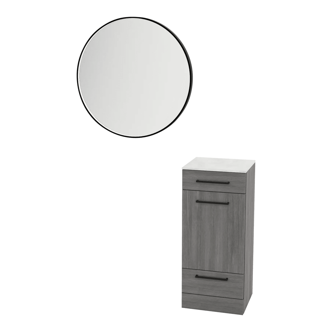 Rococo Mobile Styling Station with Tilt-out Appliance Holder, Solid Surface Countertop, and Black Round Westin Mirror - Kaemark