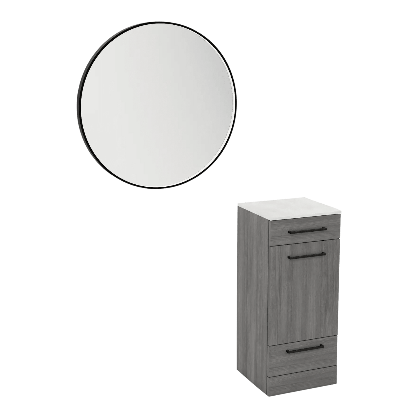 Rococo Mobile Styling Station with Tilt-out Appliance Holder, Solid Surface Countertop, and Black Round Westin Mirror - Kaemark