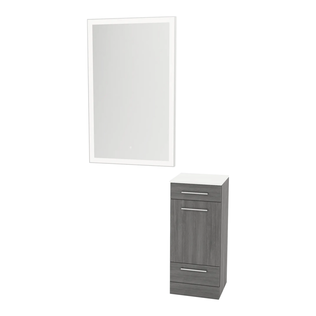 Rococo Mobile Styling Station with Tilt-out Appliance Holder, Solid Surface Countertop, and Silver Rectangle Glo Mirror - Kaemark