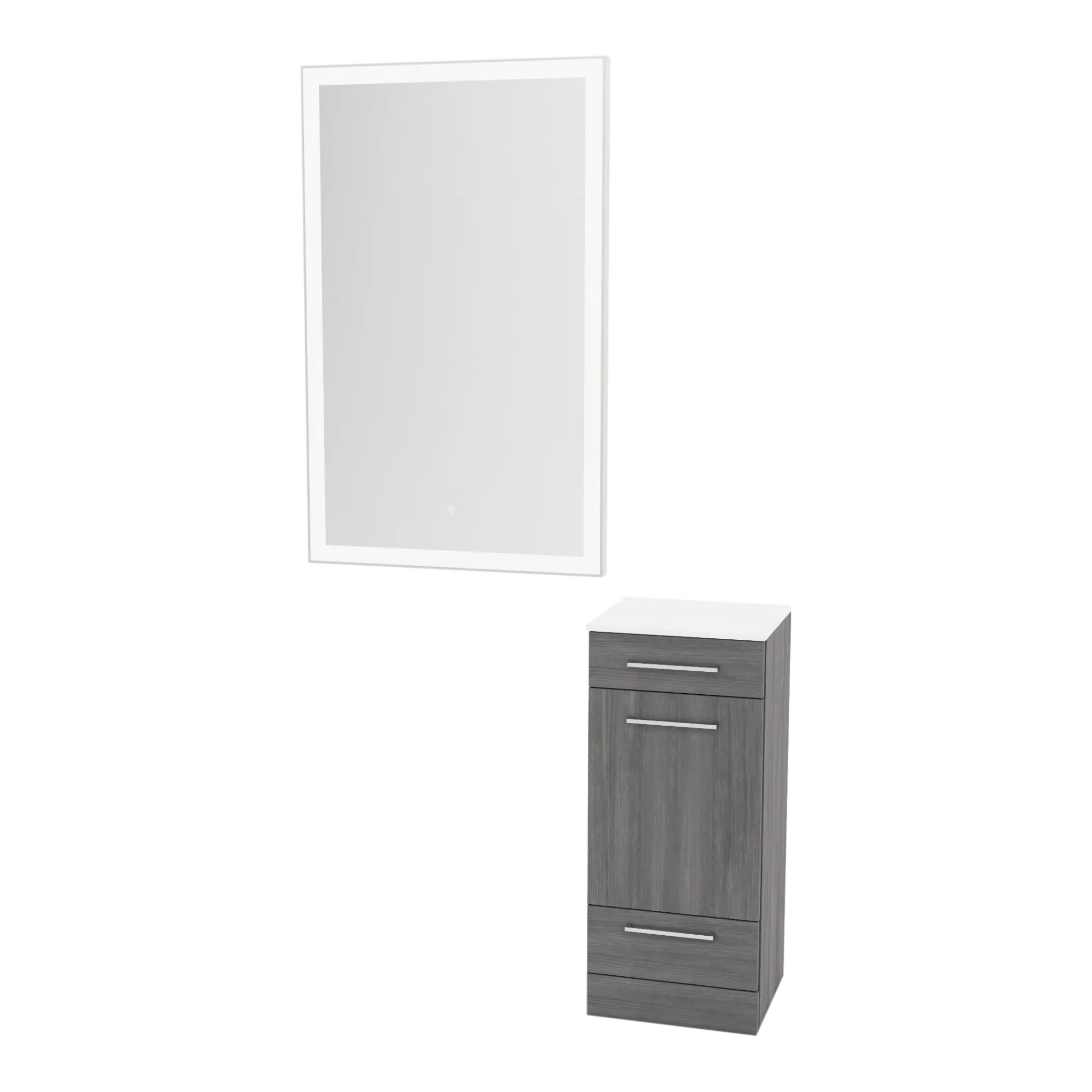 Rococo Mobile Styling Station with Tilt-out Appliance Holder, Solid Surface Countertop, and Silver Rectangle Glo Mirror - Kaemark