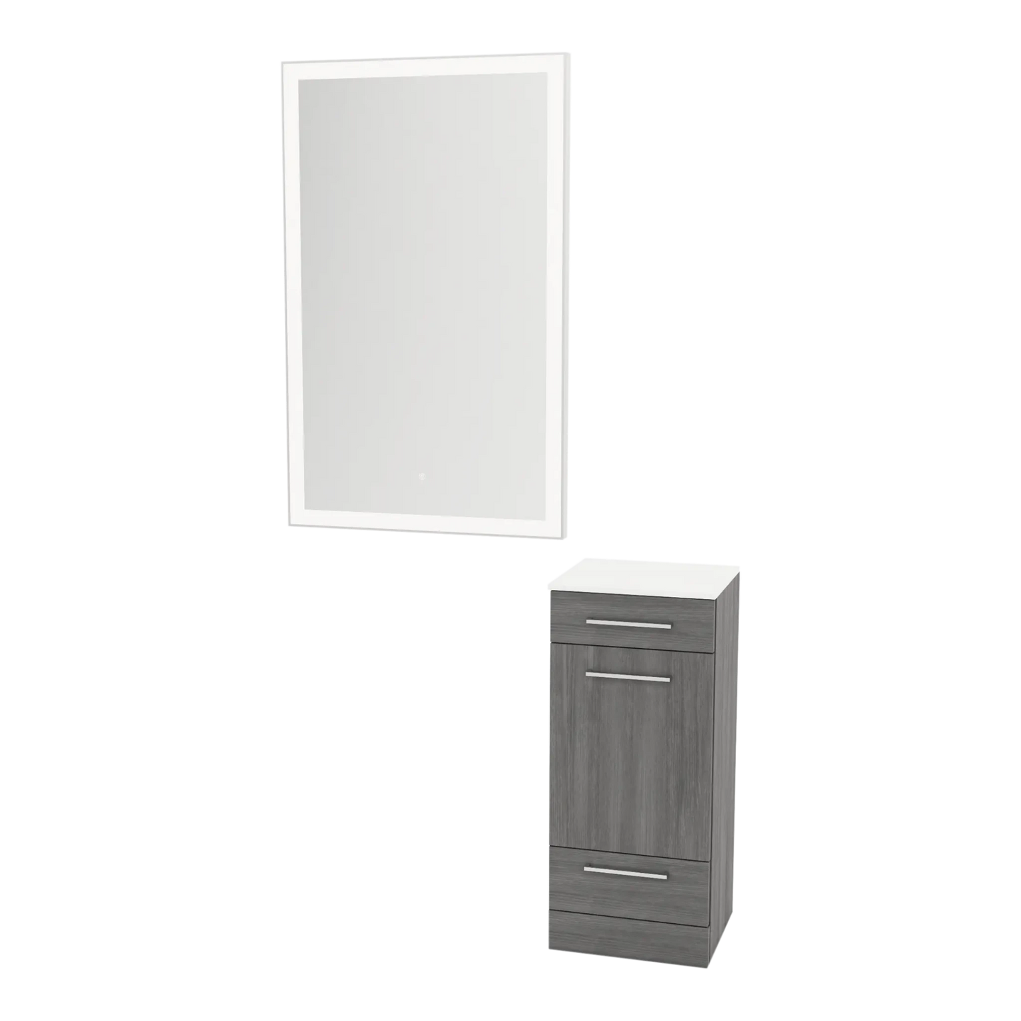 Rococo Mobile Styling Station with Tilt-out Appliance Holder, Solid Surface Countertop, and Silver Rectangle Glo Mirror - Kaemark
