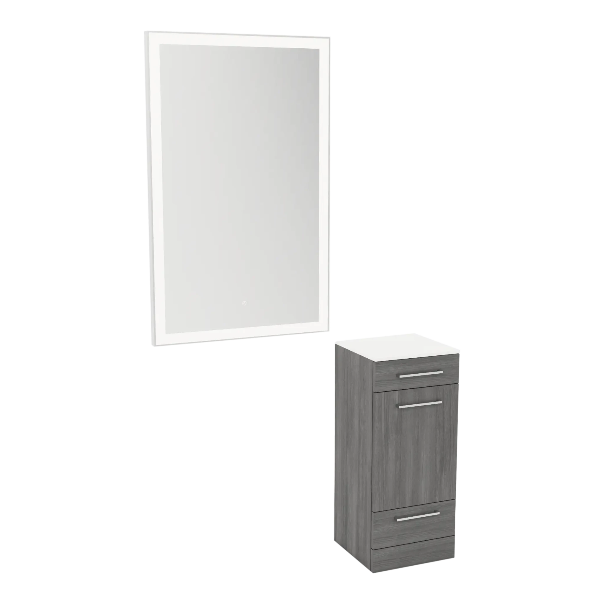 Rococo Mobile Styling Station with Tilt-out Appliance Holder, Solid Surface Countertop, and Silver Rectangle Glo Mirror - Kaemark
