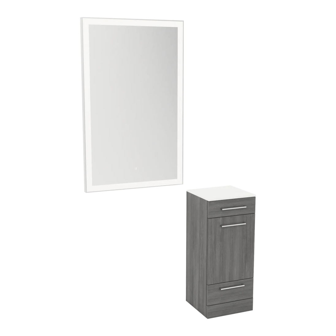 Rococo Mobile Styling Station with Tilt-out Appliance Holder, Solid Surface Countertop, and Silver Rectangle Glo Mirror - Kaemark