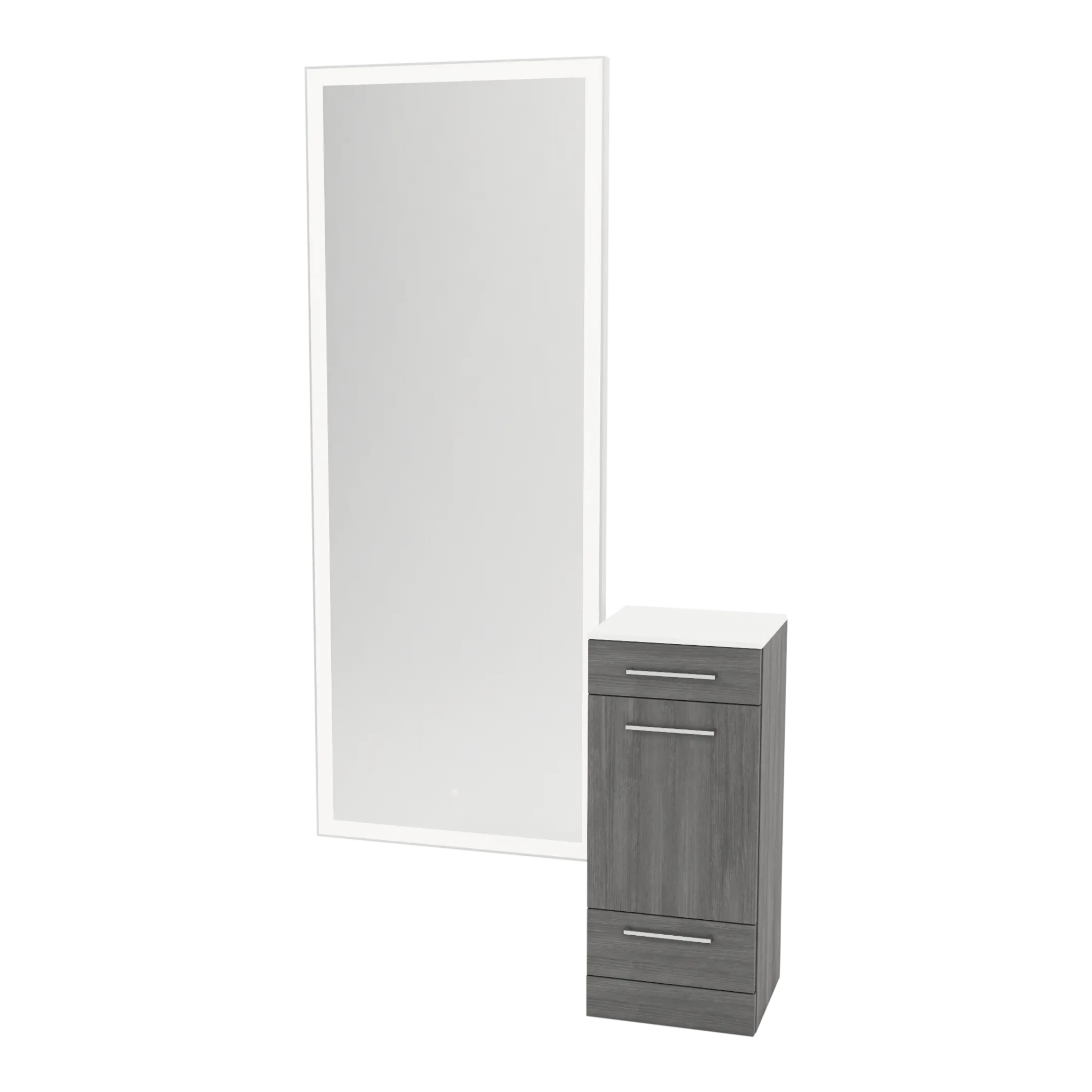 Rococo Mobile Styling Station with Tilt-out Appliance Holder, Solid Surface Countertop, and Silver Full-Length Rectangle Glo Mirror - Kaemark
