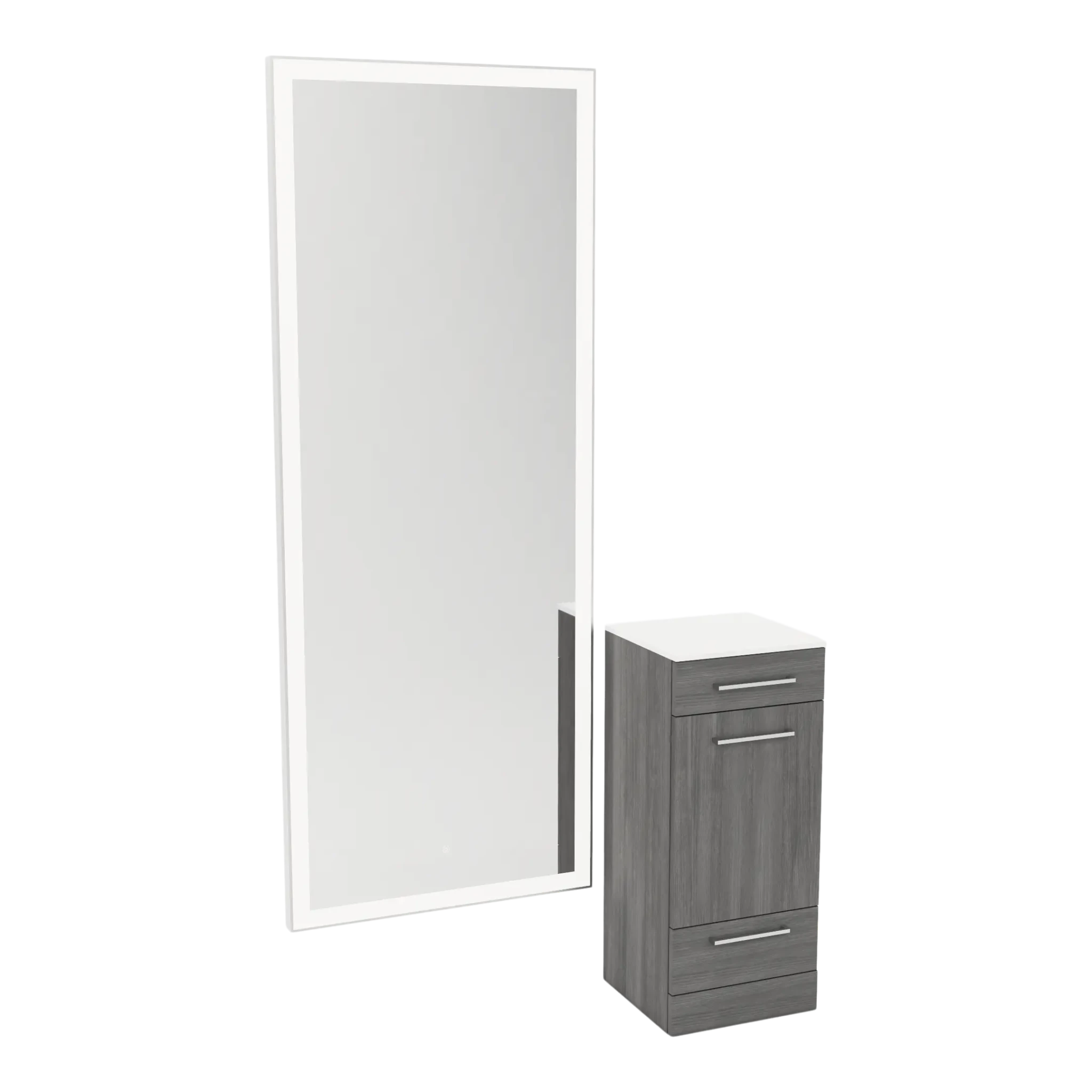 Rococo Mobile Styling Station with Tilt-out Appliance Holder, Solid Surface Countertop, and Silver Full-Length Rectangle Glo Mirror - Kaemark