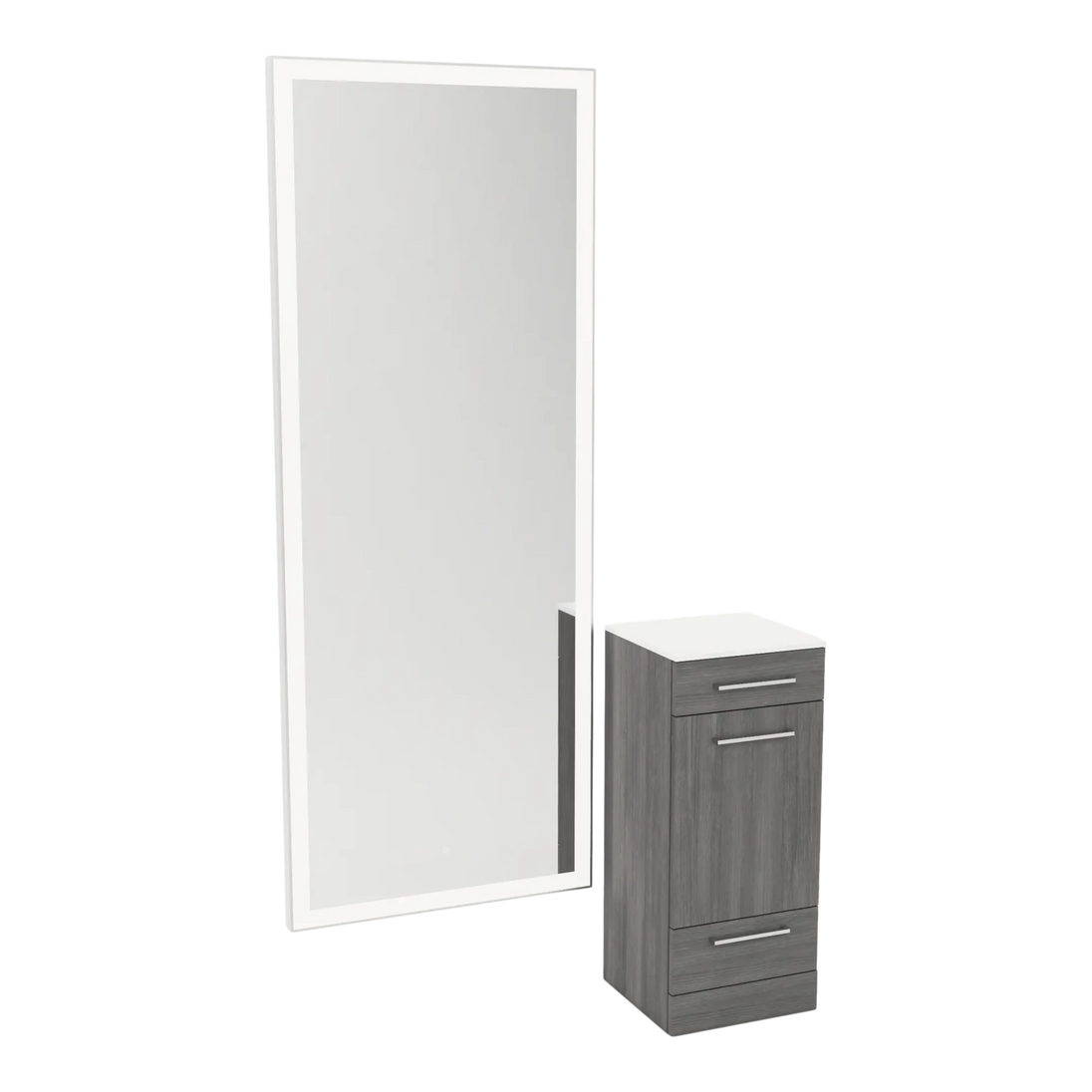 Rococo Mobile Styling Station with Tilt-out Appliance Holder, Solid Surface Countertop, and Silver Full-Length Rectangle Glo Mirror - Kaemark