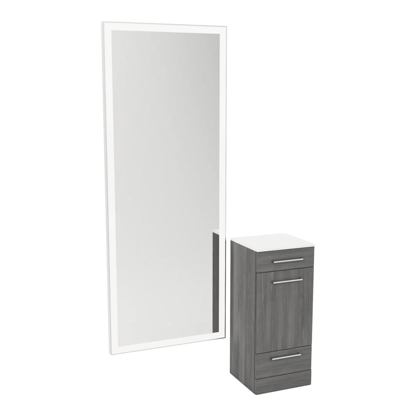 Rococo Mobile Styling Station with Tilt-out Appliance Holder, Solid Surface Countertop, and Silver Full-Length Rectangle Glo Mirror - Kaemark