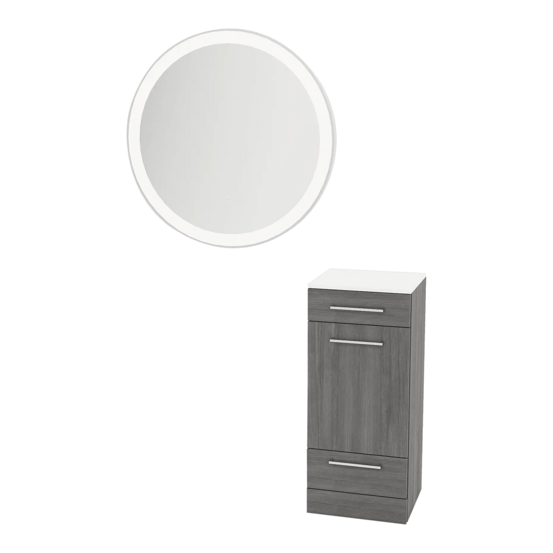 Rococo Mobile Styling Station with Tilt-out Appliance Holder, Solid Surface Countertop, and Silver Round Glo Mirror - Kaemark