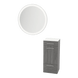 Rococo Mobile Styling Station with Tilt-out Appliance Holder, Solid Surface Countertop, and Silver Round Glo Mirror - Kaemark