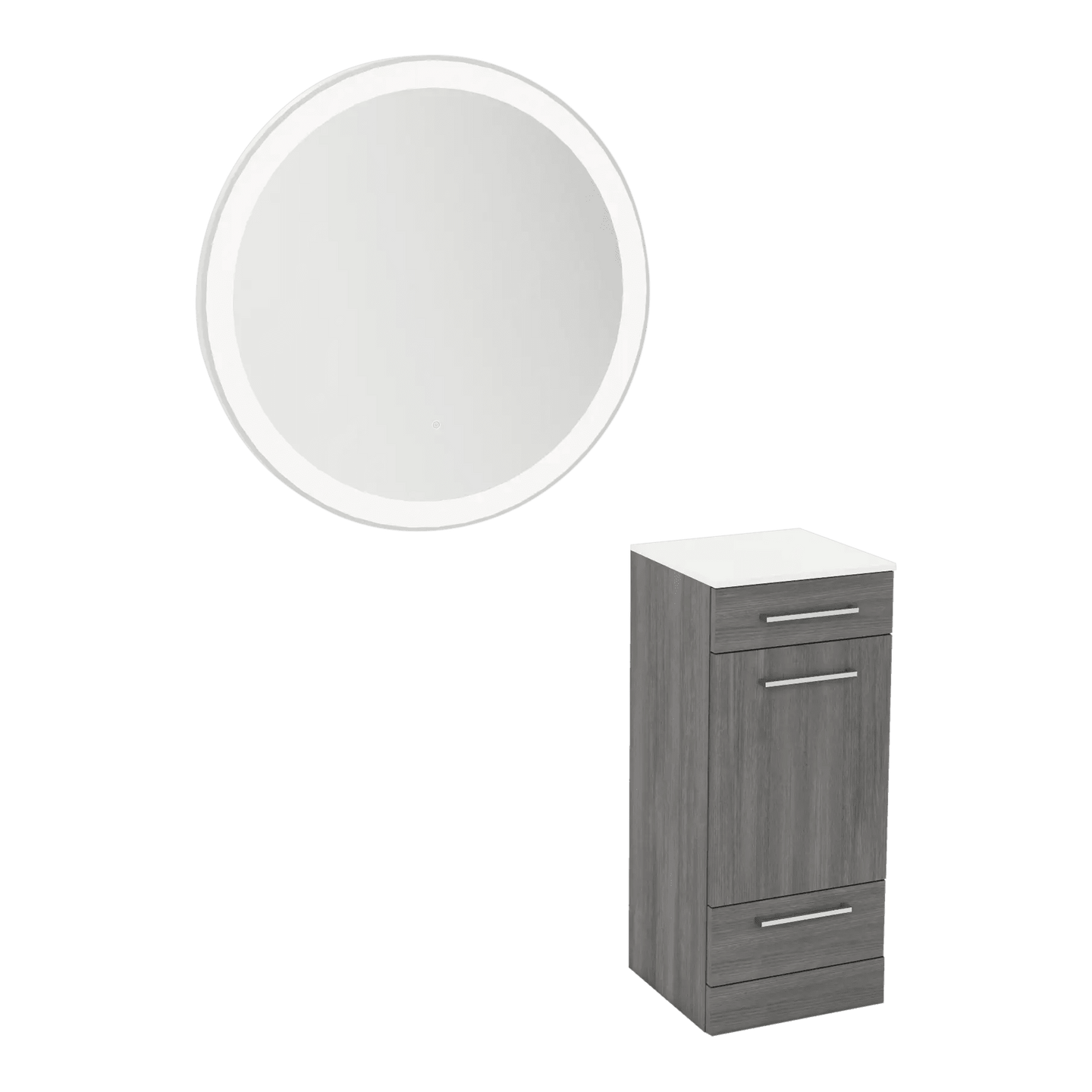 Rococo Mobile Styling Station with Tilt-out Appliance Holder, Solid Surface Countertop, and Silver Round Glo Mirror - Kaemark