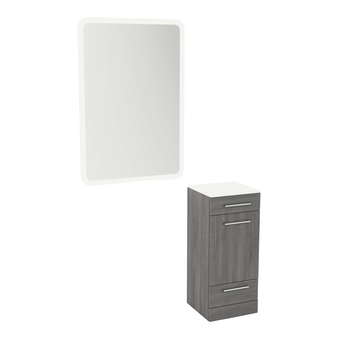 Rococo Mobile Styling Station with Tilt-out Appliance Holder, Solid Surface Countertop, and White Rectangle Illuminate Back Lit Mirror - Kaemark