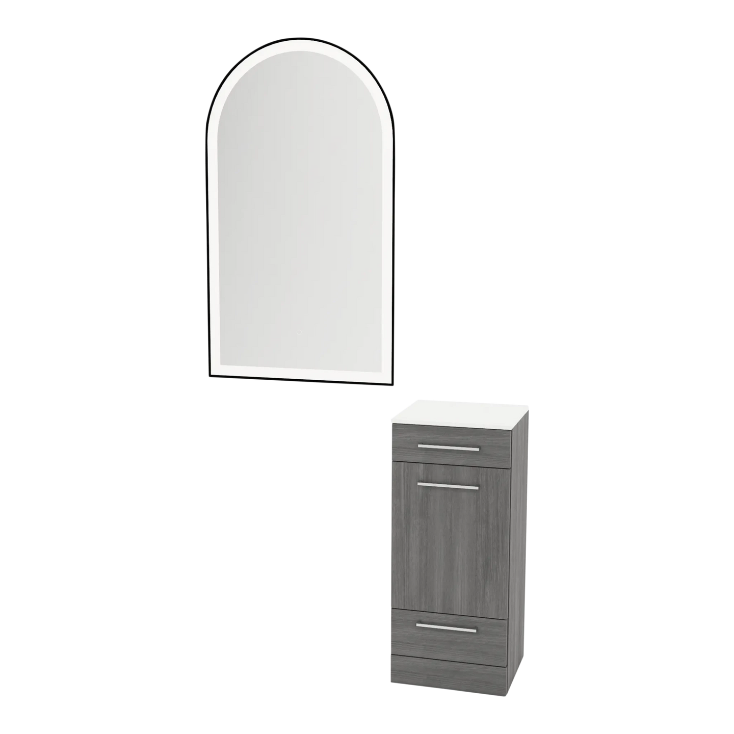Rococo Mobile Styling Station with Tilt-out Appliance Holder, Solid Surface Countertop, and Black Arch Paloma Mirror - Kaemark