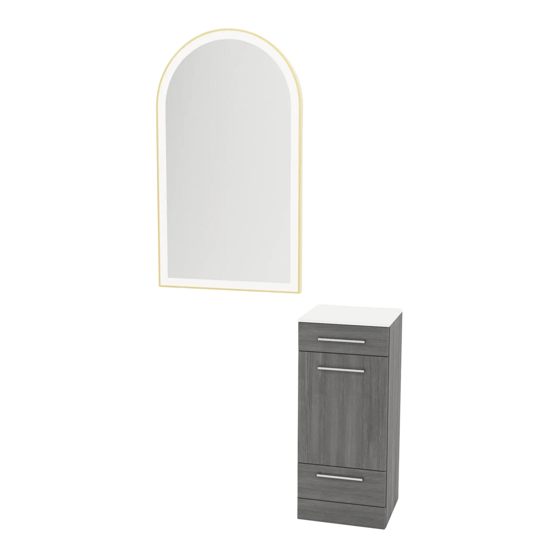 Rococo Mobile Styling Station with Tilt-out Appliance Holder, Solid Surface Countertop, and Gold Arch Paloma Mirror - Kaemark