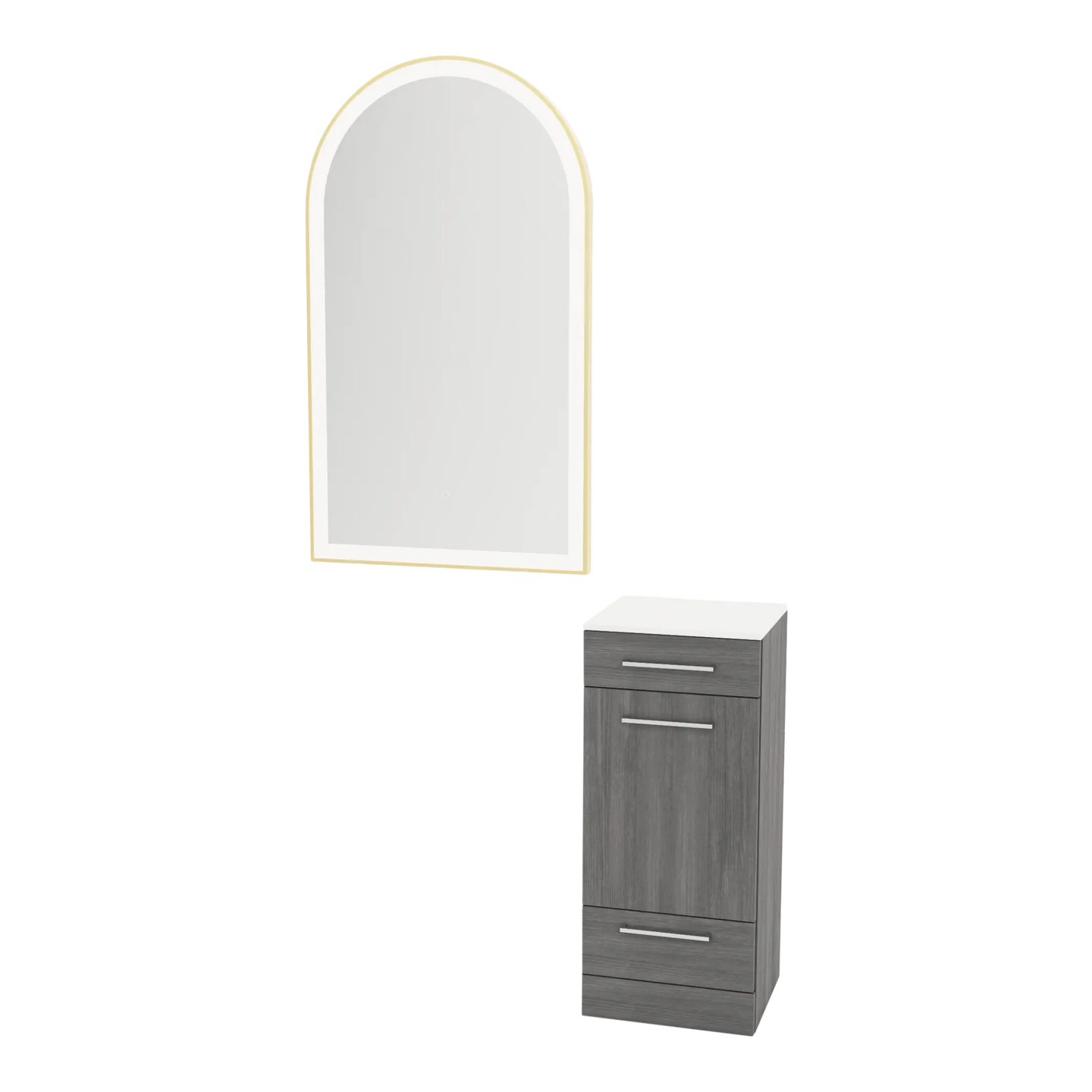 Rococo Mobile Styling Station with Tilt-out Appliance Holder, Solid Surface Countertop, and Gold Arch Paloma Mirror - Kaemark