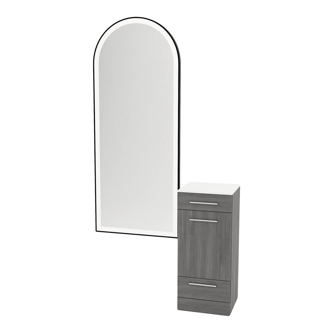 Rococo Mobile Styling Station with Tilt-out Appliance Holder, Solid Surface Countertop, and Black Full-Length Arch Paloma Mirror - Kaemark