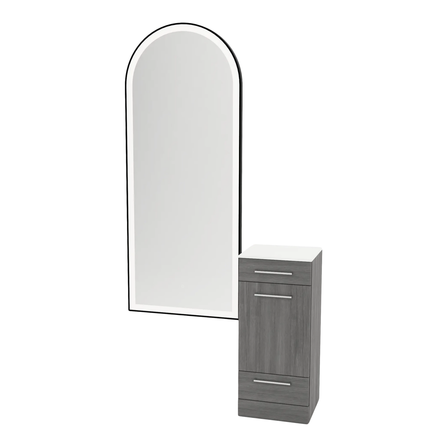 Rococo Mobile Styling Station with Tilt-out Appliance Holder, Solid Surface Countertop, and Black Full-Length Arch Paloma Mirror - Kaemark