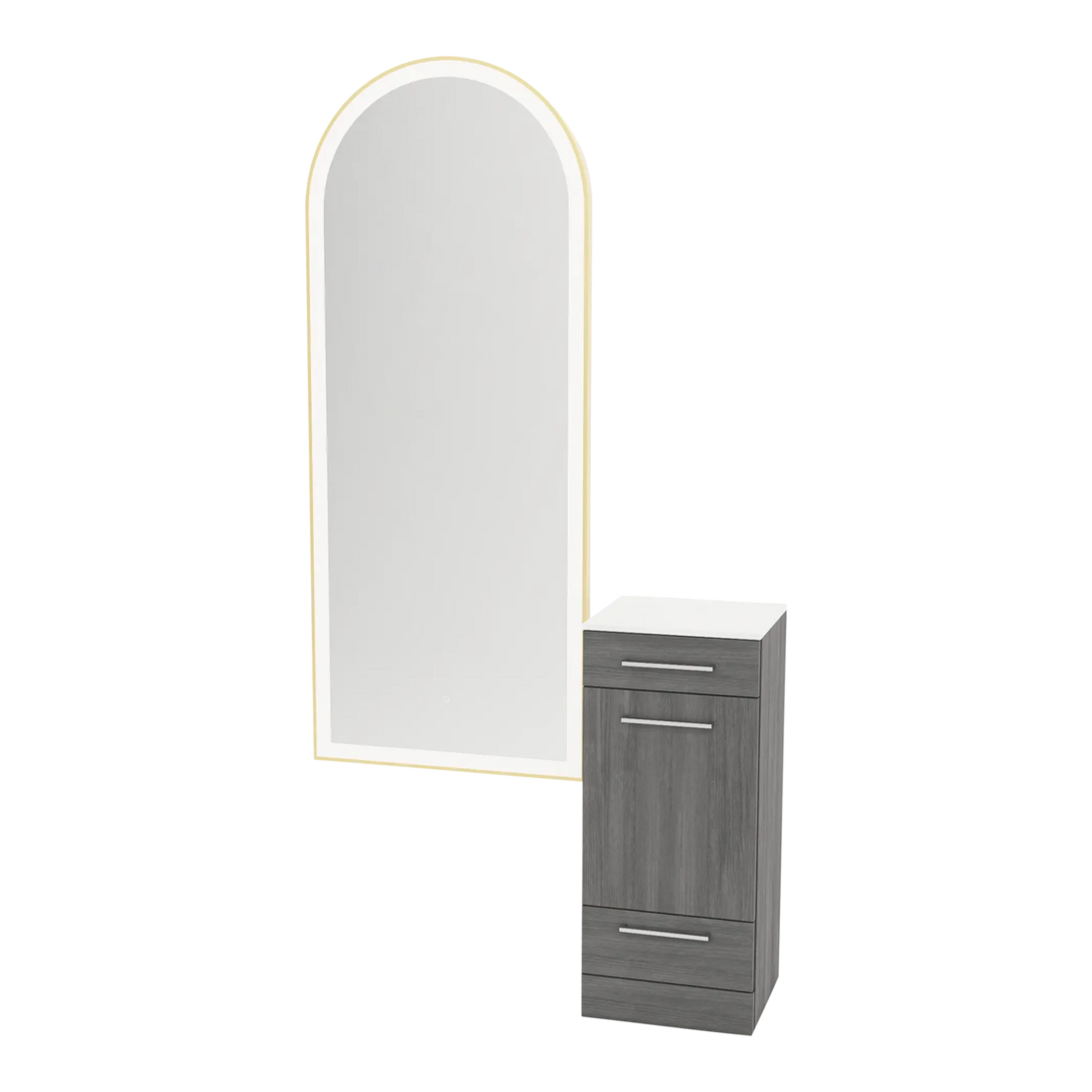 Rococo Mobile Styling Station with Tilt-out Appliance Holder, Solid Surface Countertop, and Gold Full-Length Arch Paloma Mirror - Kaemark