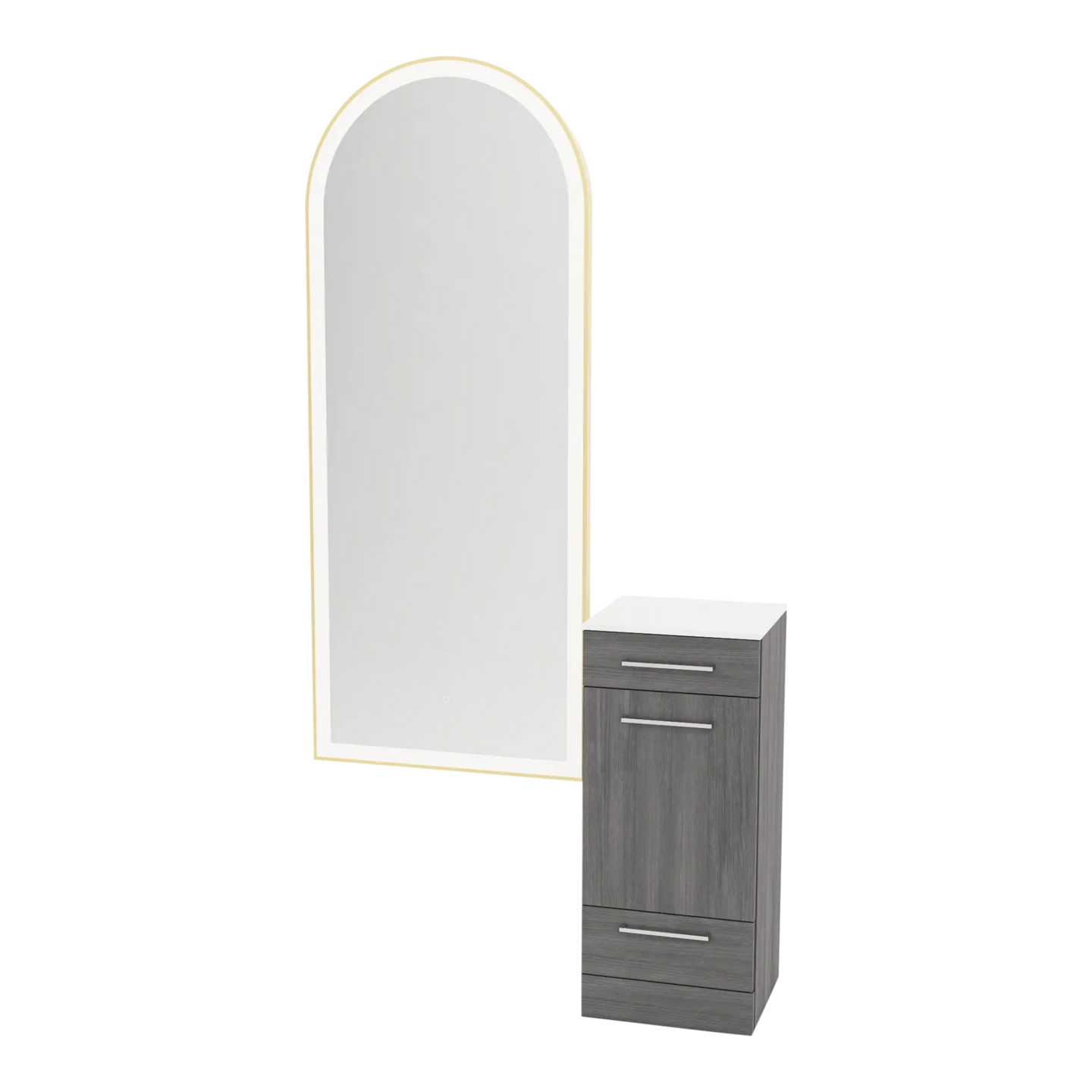 Rococo Mobile Styling Station with Tilt-out Appliance Holder, Solid Surface Countertop, and Gold Full-Length Arch Paloma Mirror - Kaemark