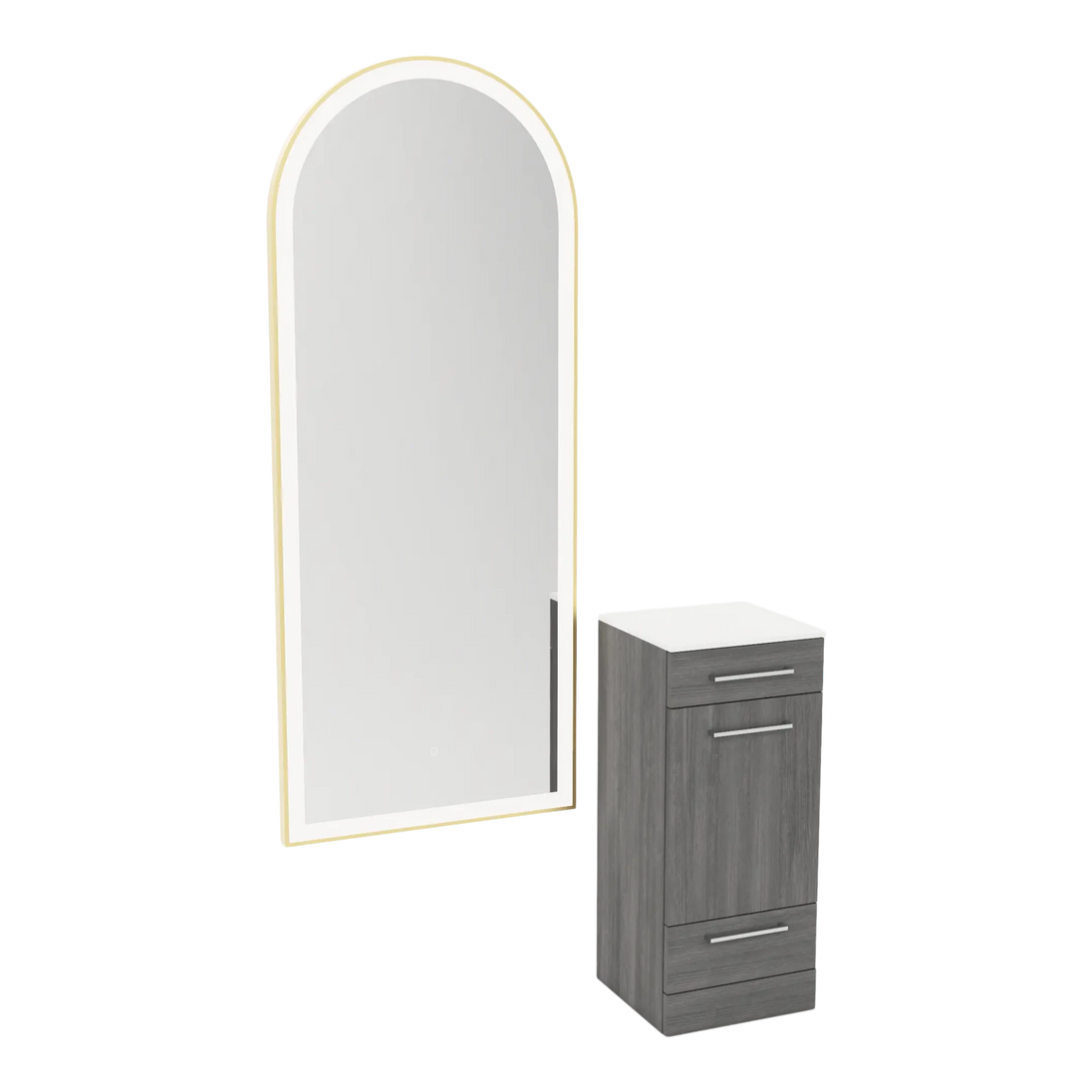 Rococo Mobile Styling Station with Tilt-out Appliance Holder, Solid Surface Countertop, and Gold Full-Length Arch Paloma Mirror - Kaemark