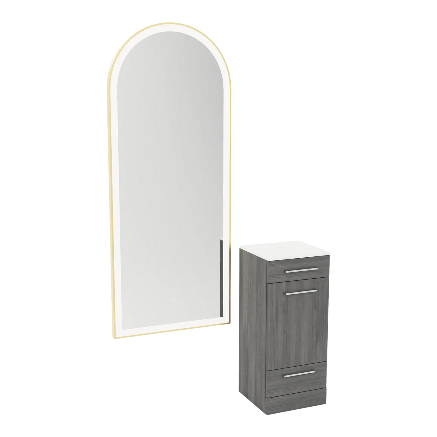 Rococo Mobile Styling Station with Tilt-out Appliance Holder, Solid Surface Countertop, and Gold Full-Length Arch Paloma Mirror - Kaemark