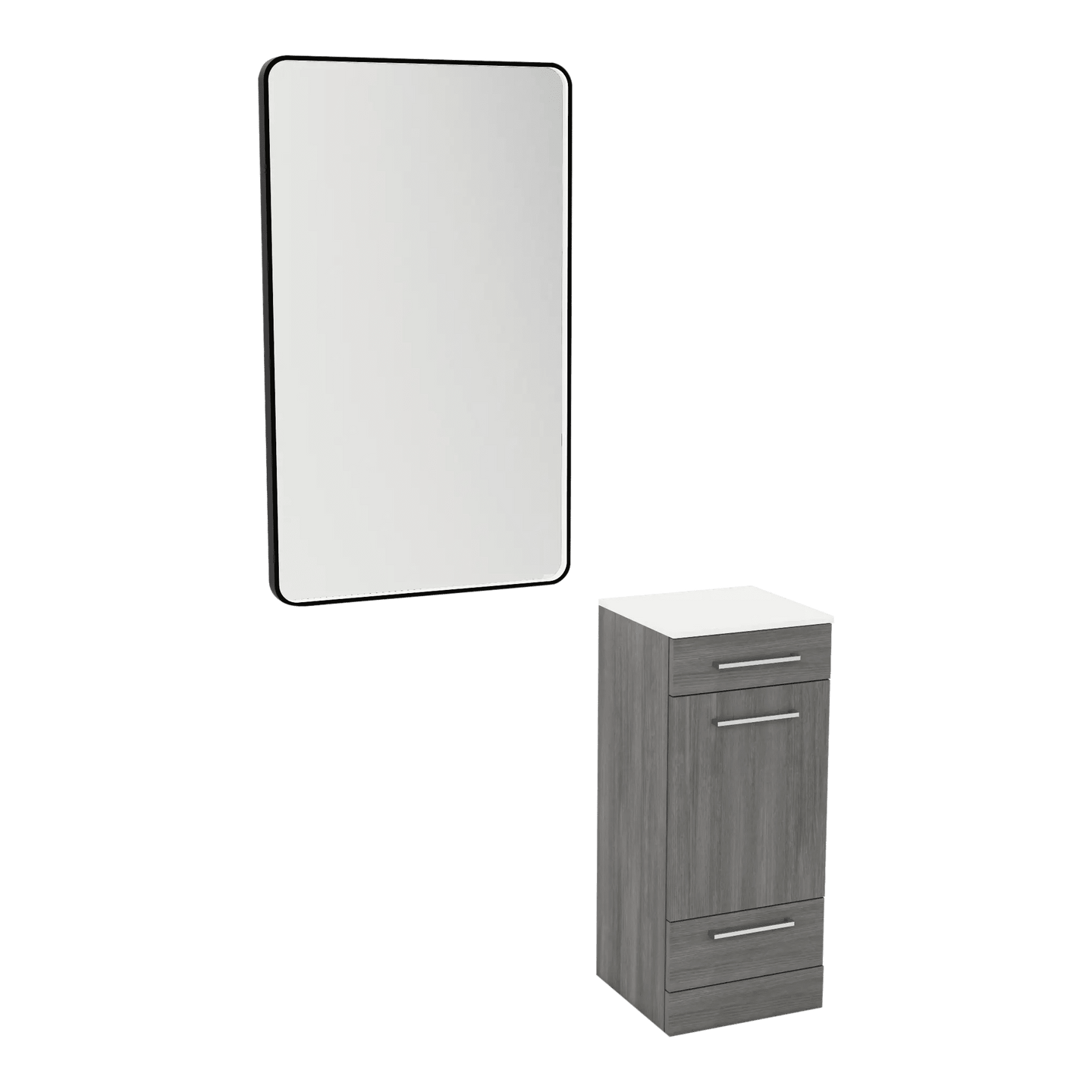 Rococo Mobile Styling Station with Tilt-out Appliance Holder, Solid Surface Countertop, and Black Rectangle Westin Mirror - Kaemark