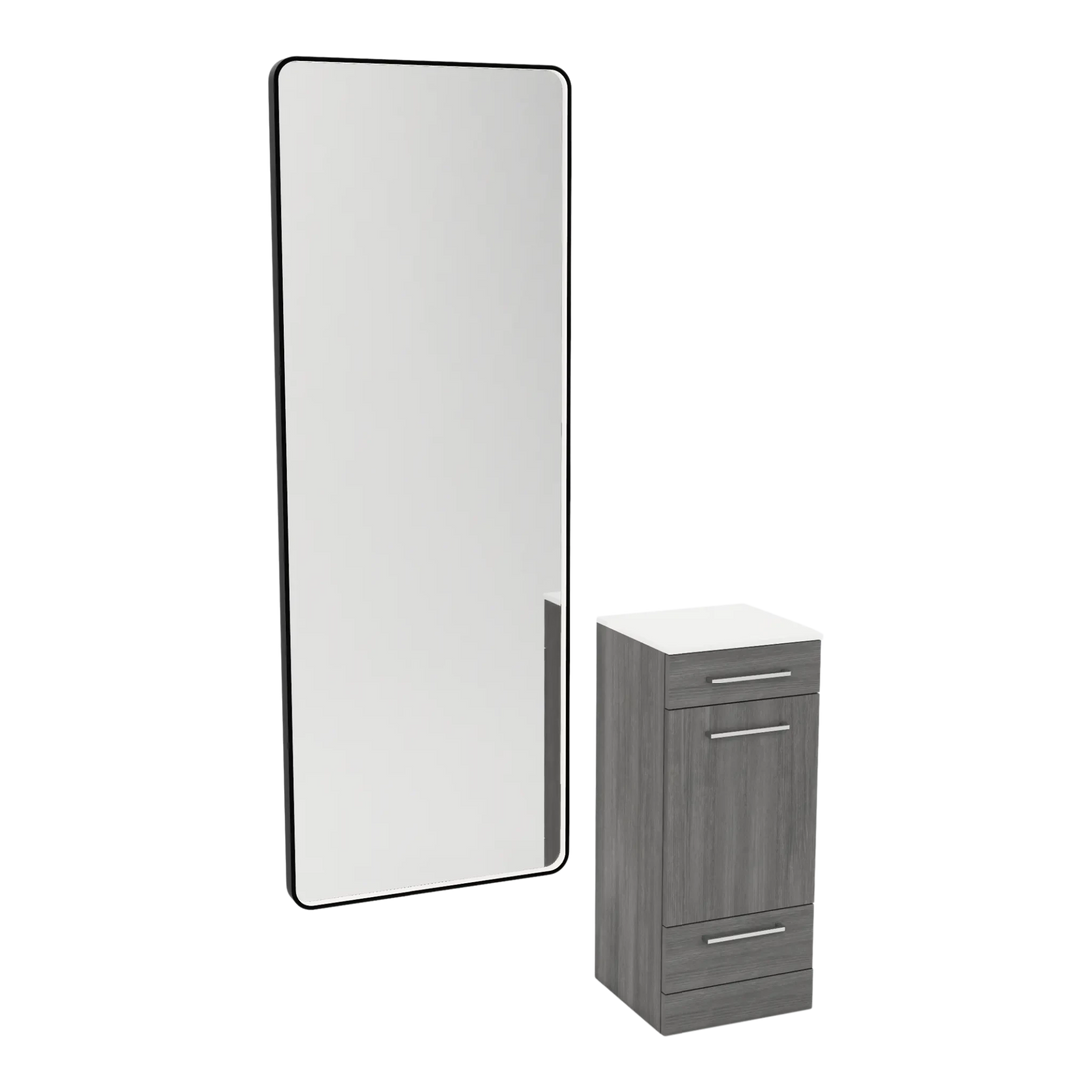 Rococo Mobile Styling Station with Tilt-out Appliance Holder, Solid Surface Countertop, and Black Full-Length Rectangle Westin Mirror - Kaemark