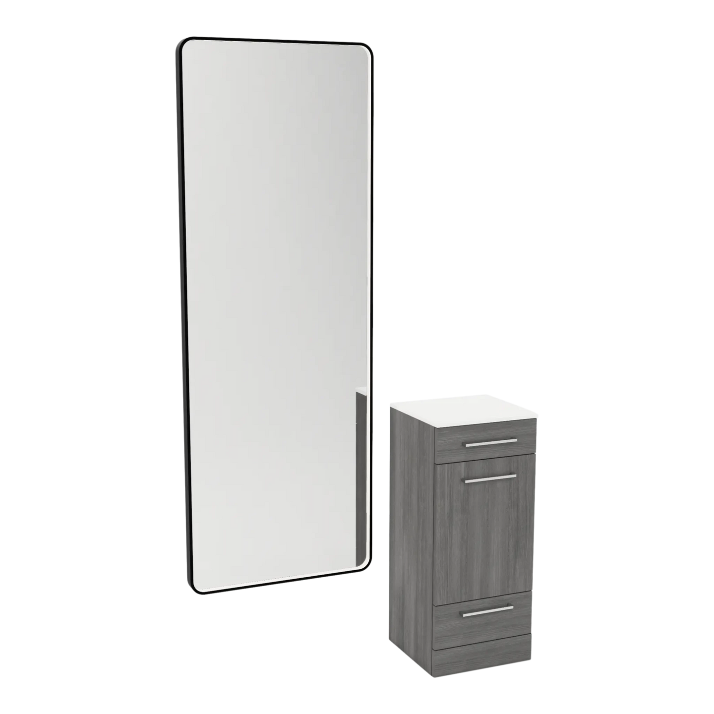 Rococo Mobile Styling Station with Tilt-out Appliance Holder, Solid Surface Countertop, and Black Full-Length Rectangle Westin Mirror - Kaemark