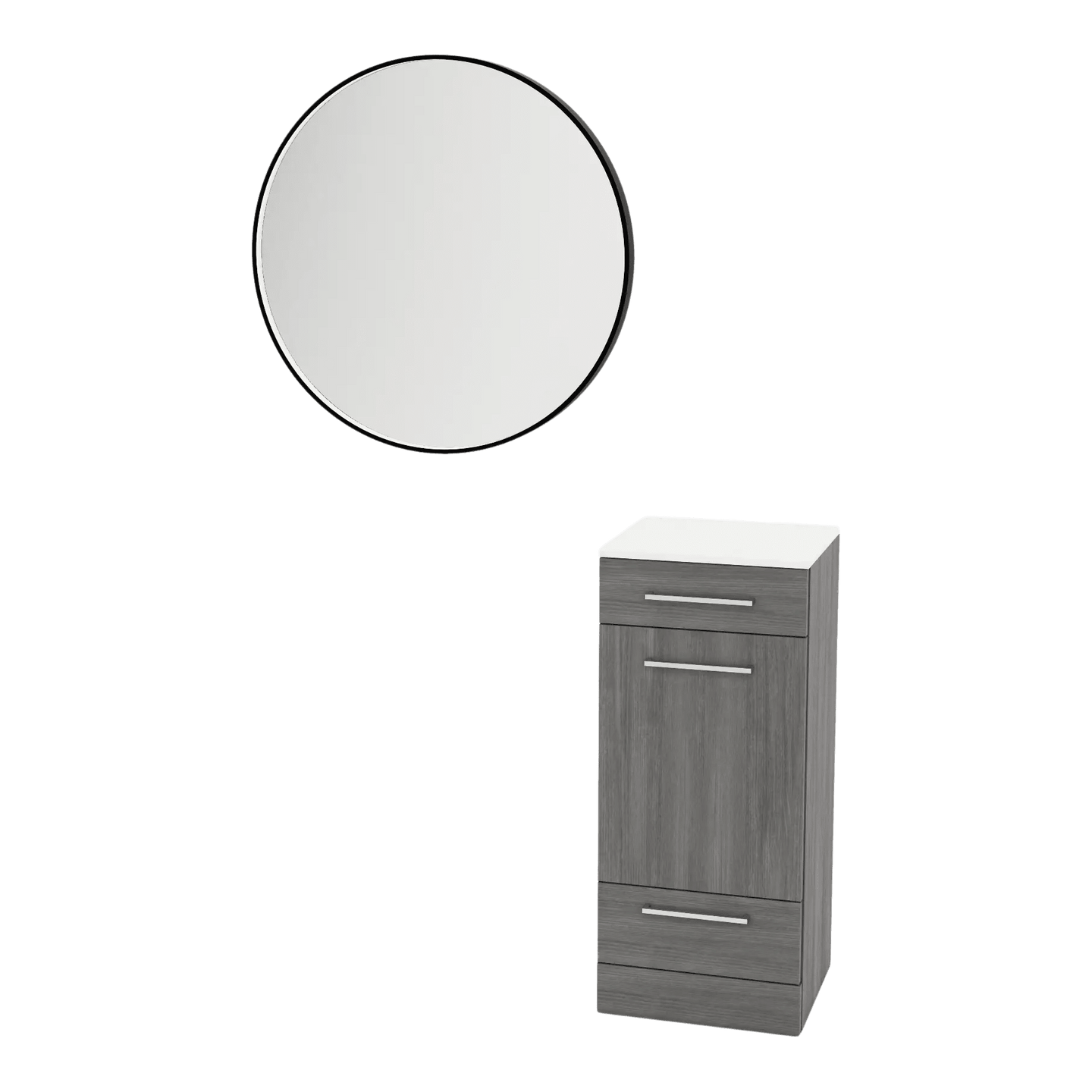 Rococo Mobile Styling Station with Tilt-out Appliance Holder, Solid Surface Countertop, and Black Round Westin Mirror - Kaemark