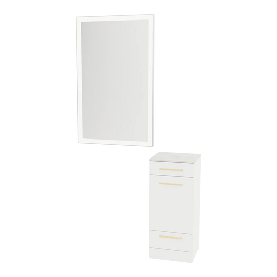 Rococo Mobile Styling Station with Tilt-out Appliance Holder, Solid Surface Countertop, and Silver Rectangle Glo Mirror - Kaemark