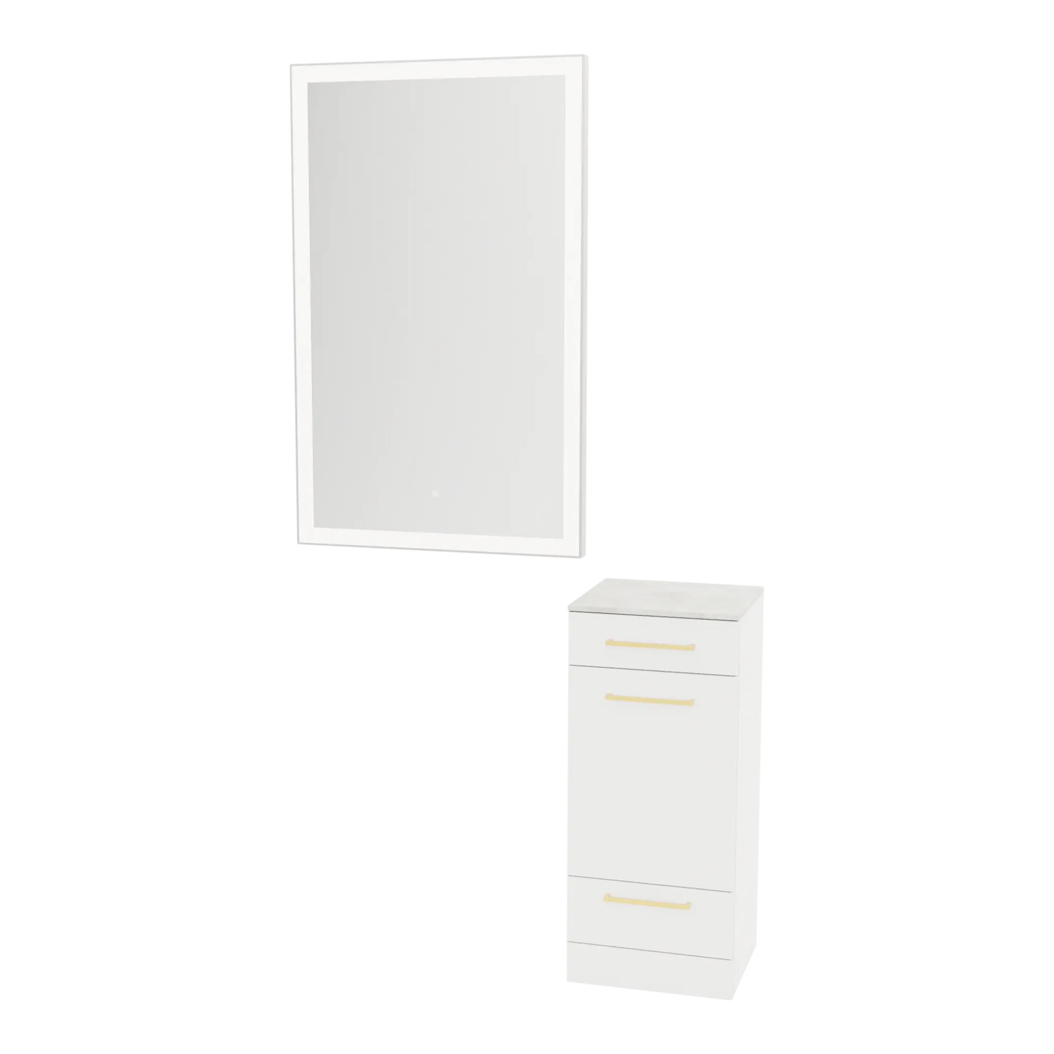 Rococo Mobile Styling Station with Tilt-out Appliance Holder, Solid Surface Countertop, and Silver Rectangle Glo Mirror - Kaemark