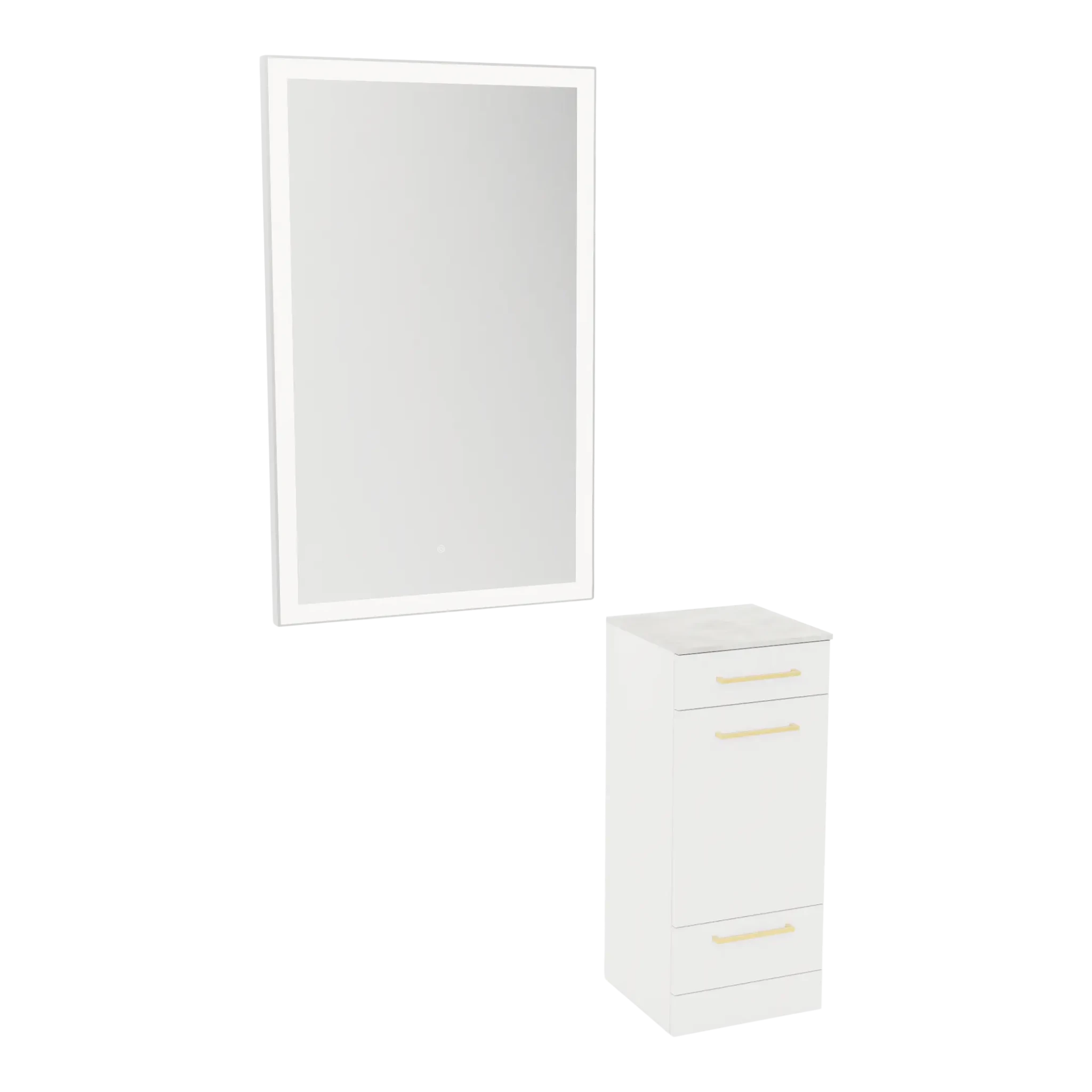 Rococo Mobile Styling Station with Tilt-out Appliance Holder, Solid Surface Countertop, and Silver Rectangle Glo Mirror - Kaemark