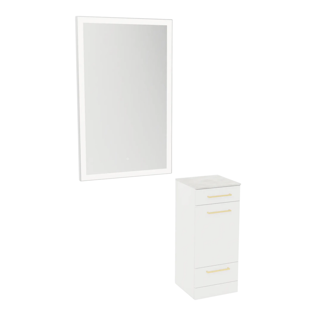 Rococo Mobile Styling Station with Tilt-out Appliance Holder, Solid Surface Countertop, and Silver Rectangle Glo Mirror - Kaemark