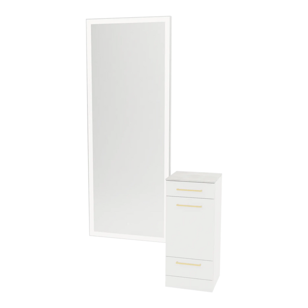 Rococo Mobile Styling Station with Tilt-out Appliance Holder, Solid Surface Countertop, and Silver Full-Length Rectangle Glo Mirror - Kaemark