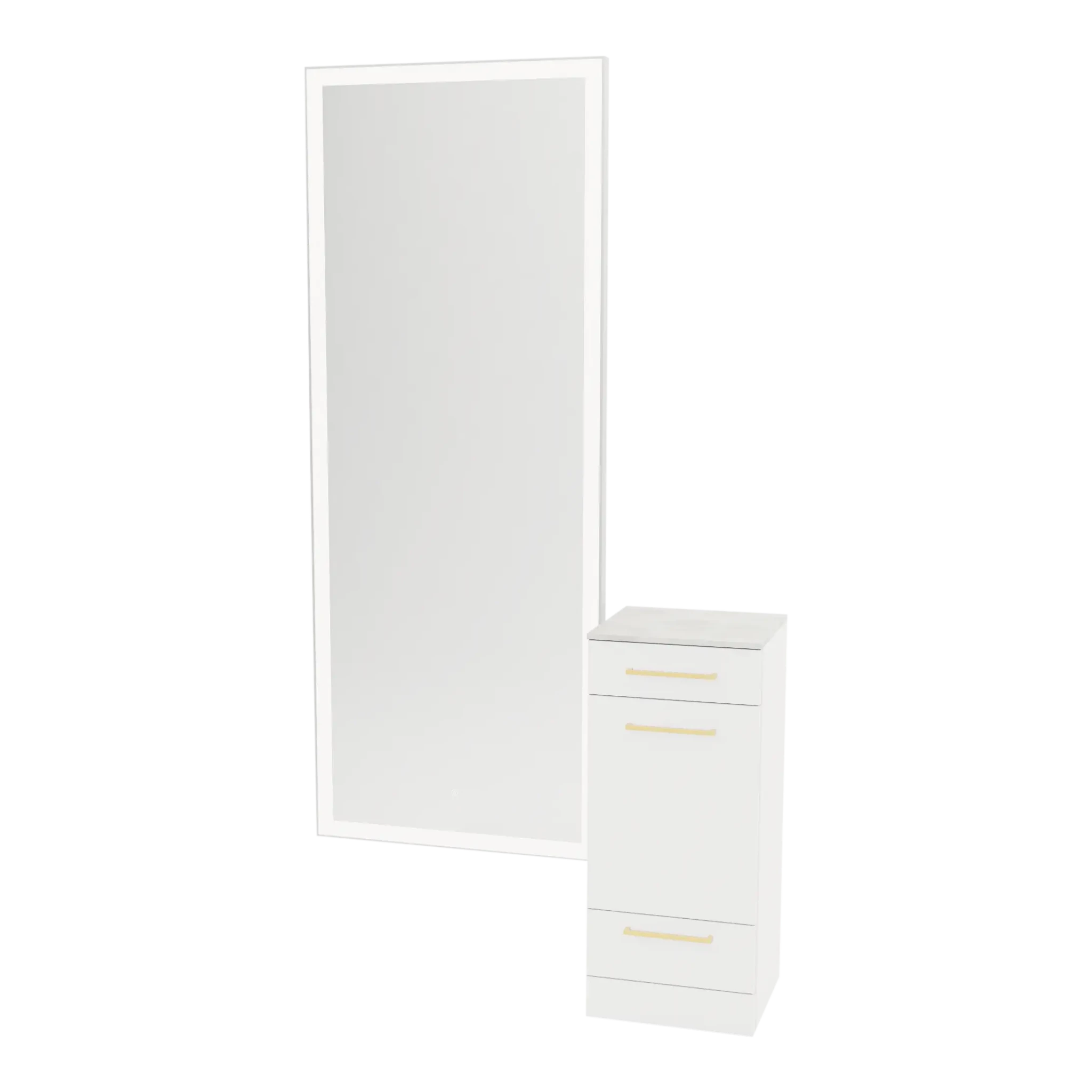 Rococo Mobile Styling Station with Tilt-out Appliance Holder, Solid Surface Countertop, and Silver Full-Length Rectangle Glo Mirror - Kaemark