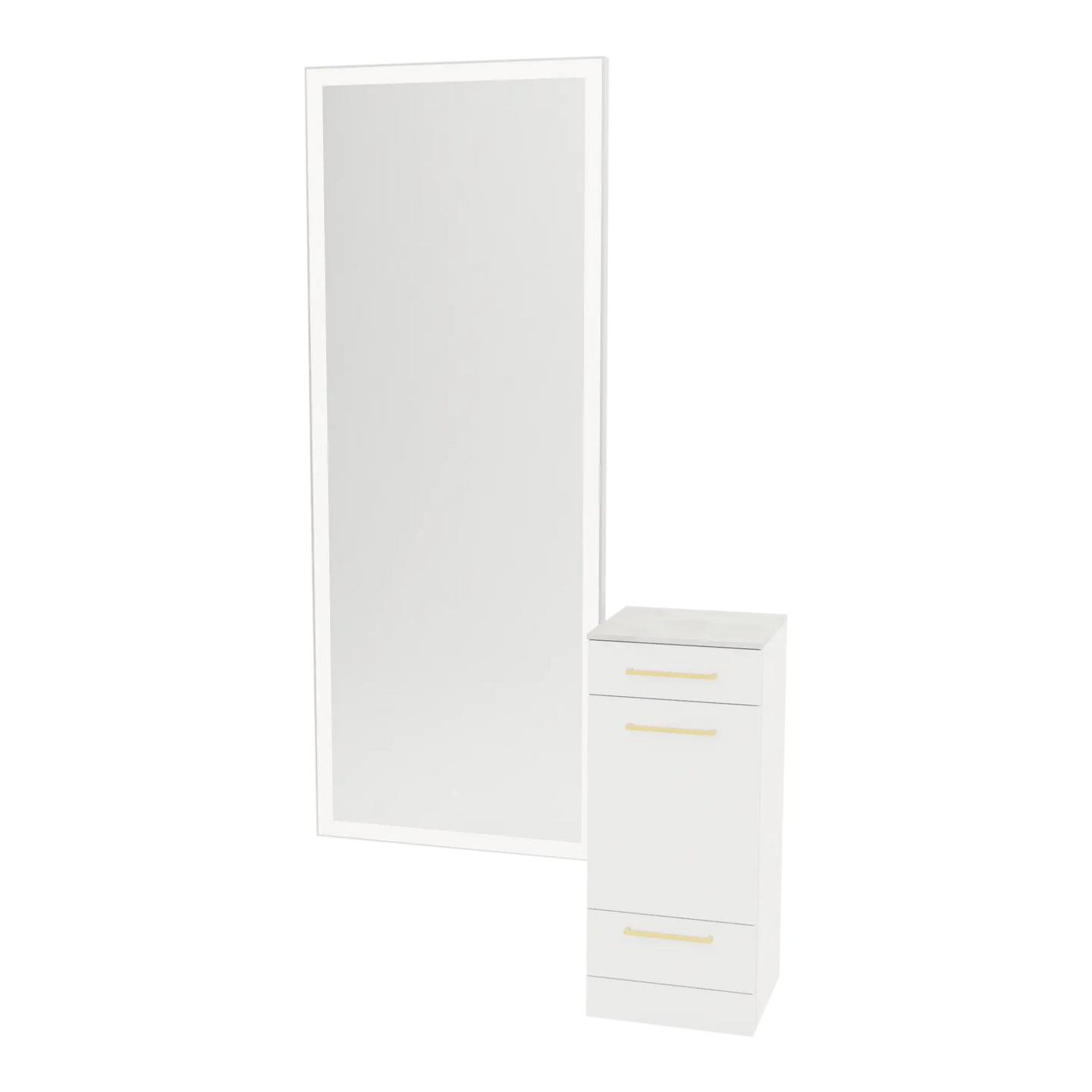 Rococo Mobile Styling Station with Tilt-out Appliance Holder, Solid Surface Countertop, and Silver Full-Length Rectangle Glo Mirror - Kaemark