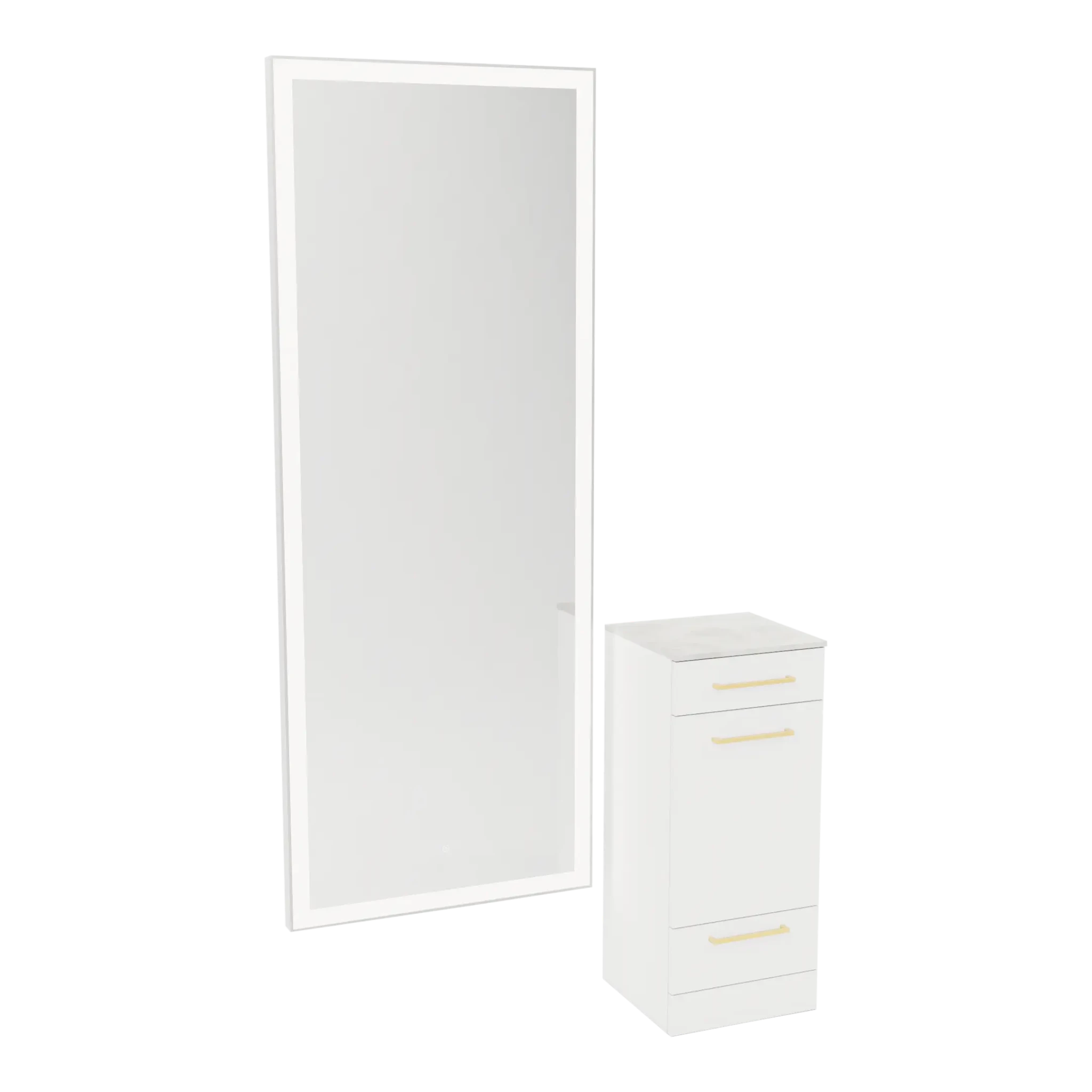 Rococo Mobile Styling Station with Tilt-out Appliance Holder, Solid Surface Countertop, and Silver Full-Length Rectangle Glo Mirror - Kaemark