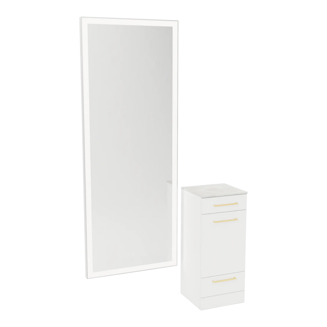 Rococo Mobile Styling Station with Tilt-out Appliance Holder, Solid Surface Countertop, and Silver Full-Length Rectangle Glo Mirror - Kaemark