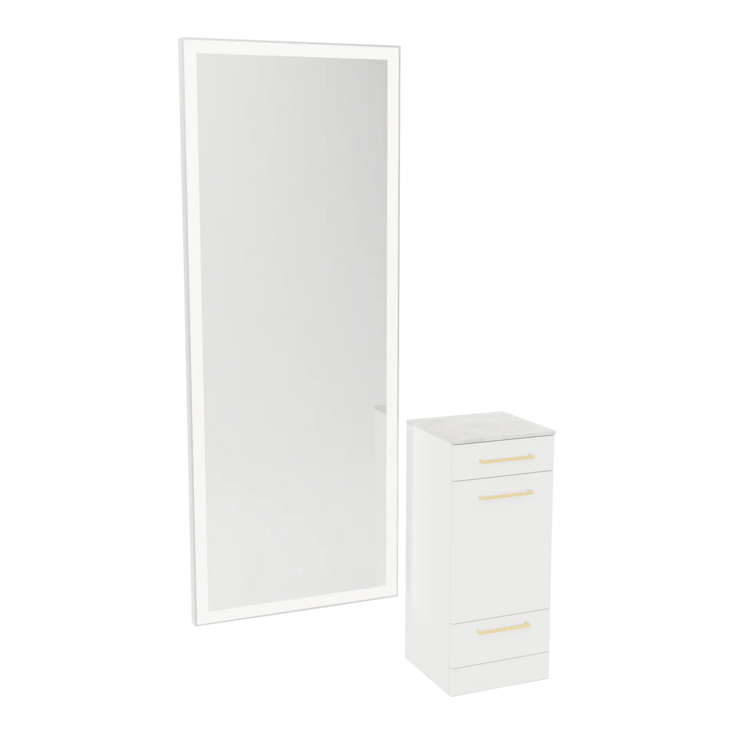 Rococo Mobile Styling Station with Tilt-out Appliance Holder, Solid Surface Countertop, and Silver Full-Length Rectangle Glo Mirror - Kaemark
