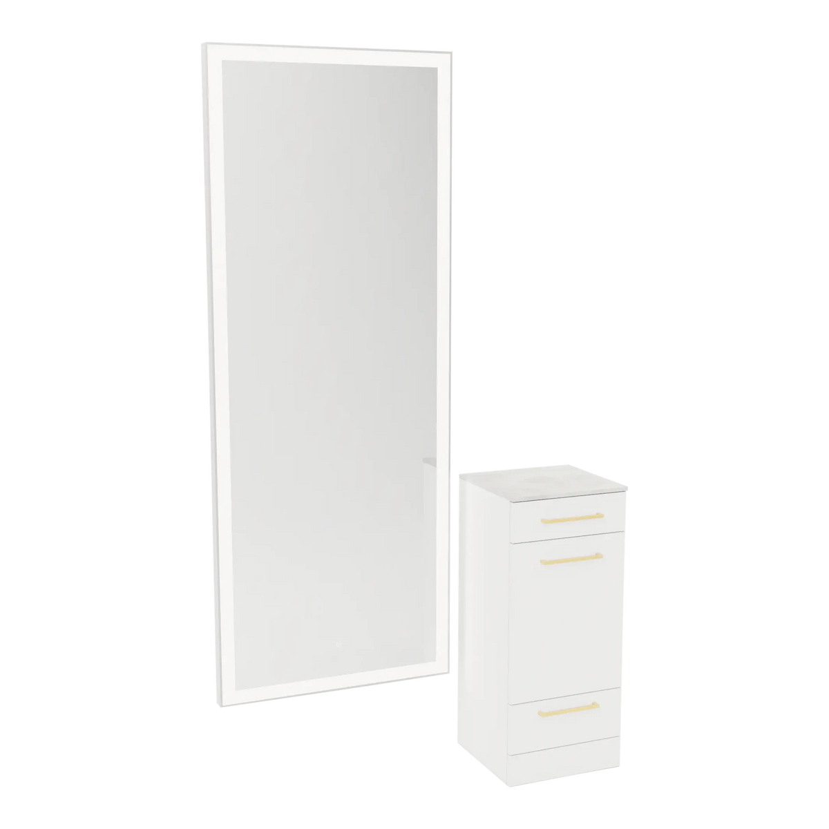 Rococo Mobile Styling Station with Tilt-out Appliance Holder, Solid Surface Countertop, and Silver Full-Length Rectangle Glo Mirror - Kaemark