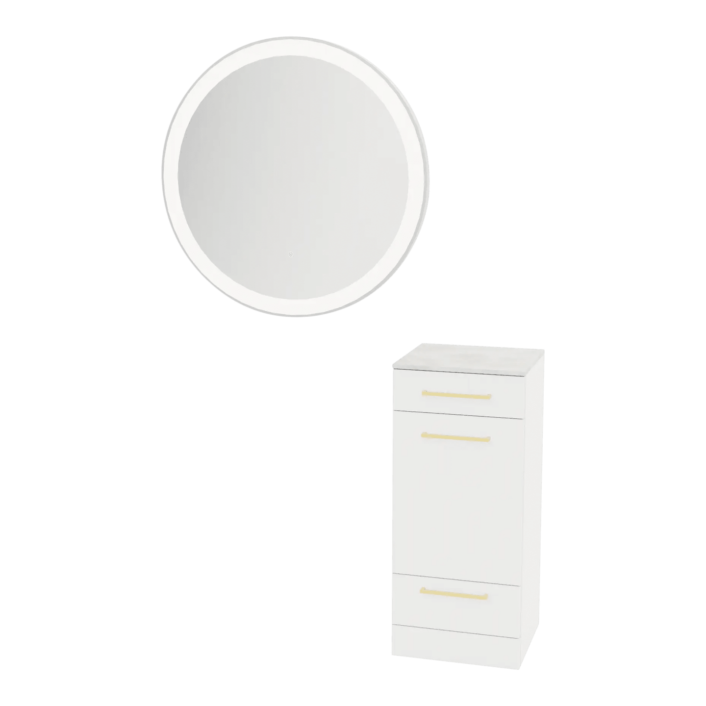Rococo Mobile Styling Station with Tilt-out Appliance Holder, Solid Surface Countertop, and Silver Round Glo Mirror - Kaemark