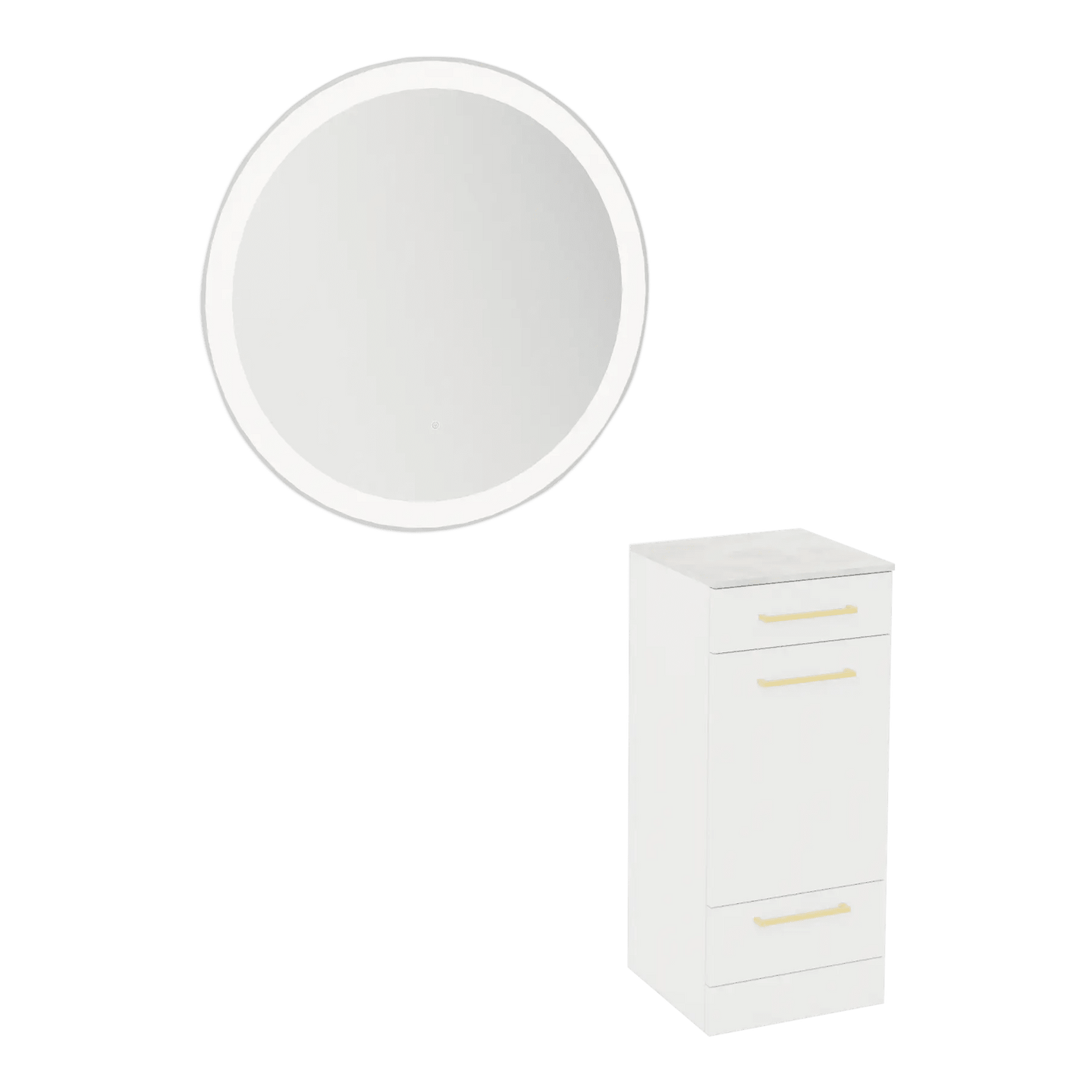Rococo Mobile Styling Station with Tilt-out Appliance Holder, Solid Surface Countertop, and Silver Round Glo Mirror - Kaemark
