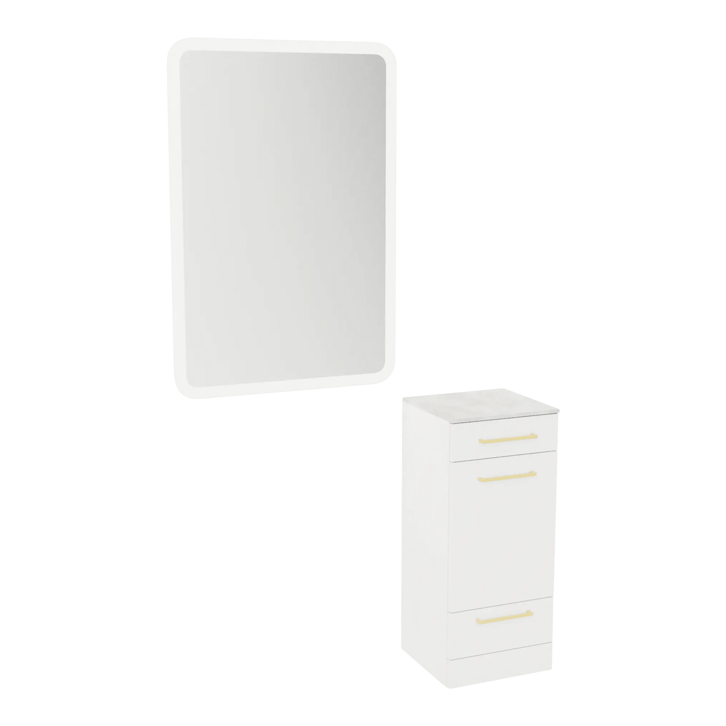 Rococo Mobile Styling Station with Tilt-out Appliance Holder, Solid Surface Countertop, and White Rectangle Illuminate Back Lit Mirror - Kaemark