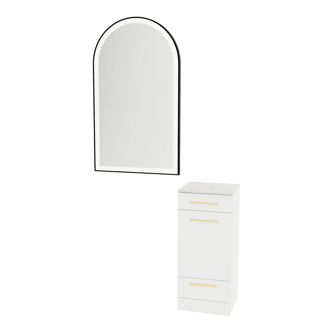Rococo Mobile Styling Station with Tilt-out Appliance Holder, Solid Surface Countertop, and Black Arch Paloma Mirror - Kaemark
