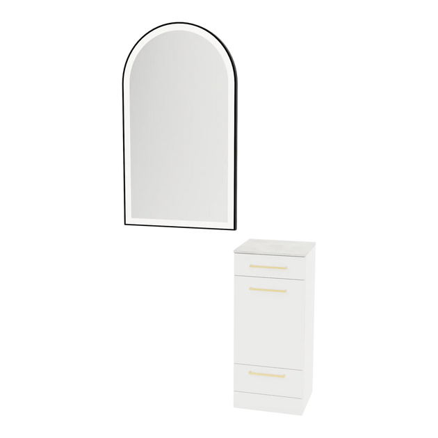Rococo Mobile Styling Station with Tilt-out Appliance Holder, Solid Surface Countertop, and Black Arch Paloma Mirror - Kaemark