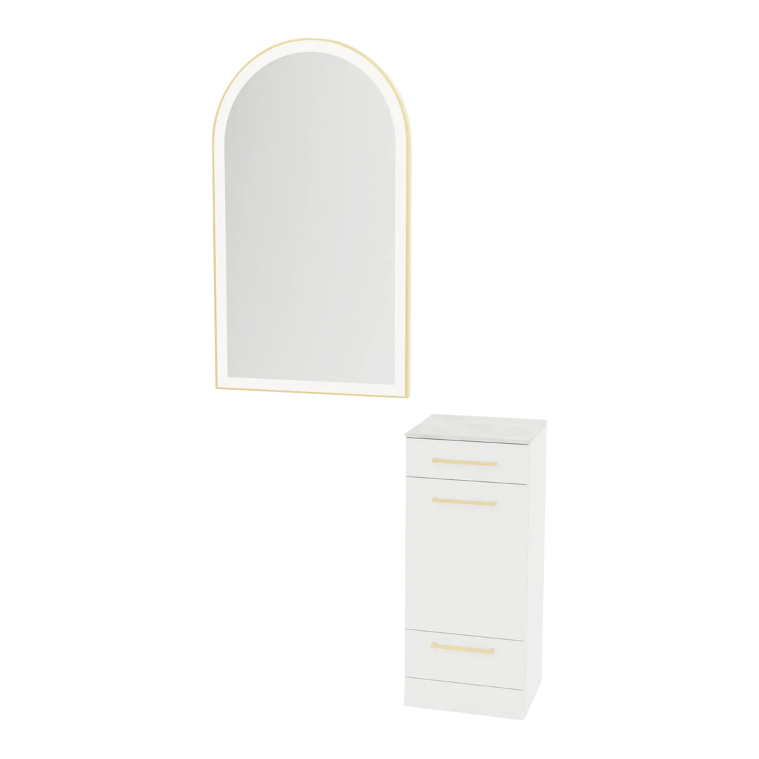 Rococo Mobile Styling Station with Tilt-out Appliance Holder, Solid Surface Countertop, and Gold Arch Paloma Mirror - Kaemark