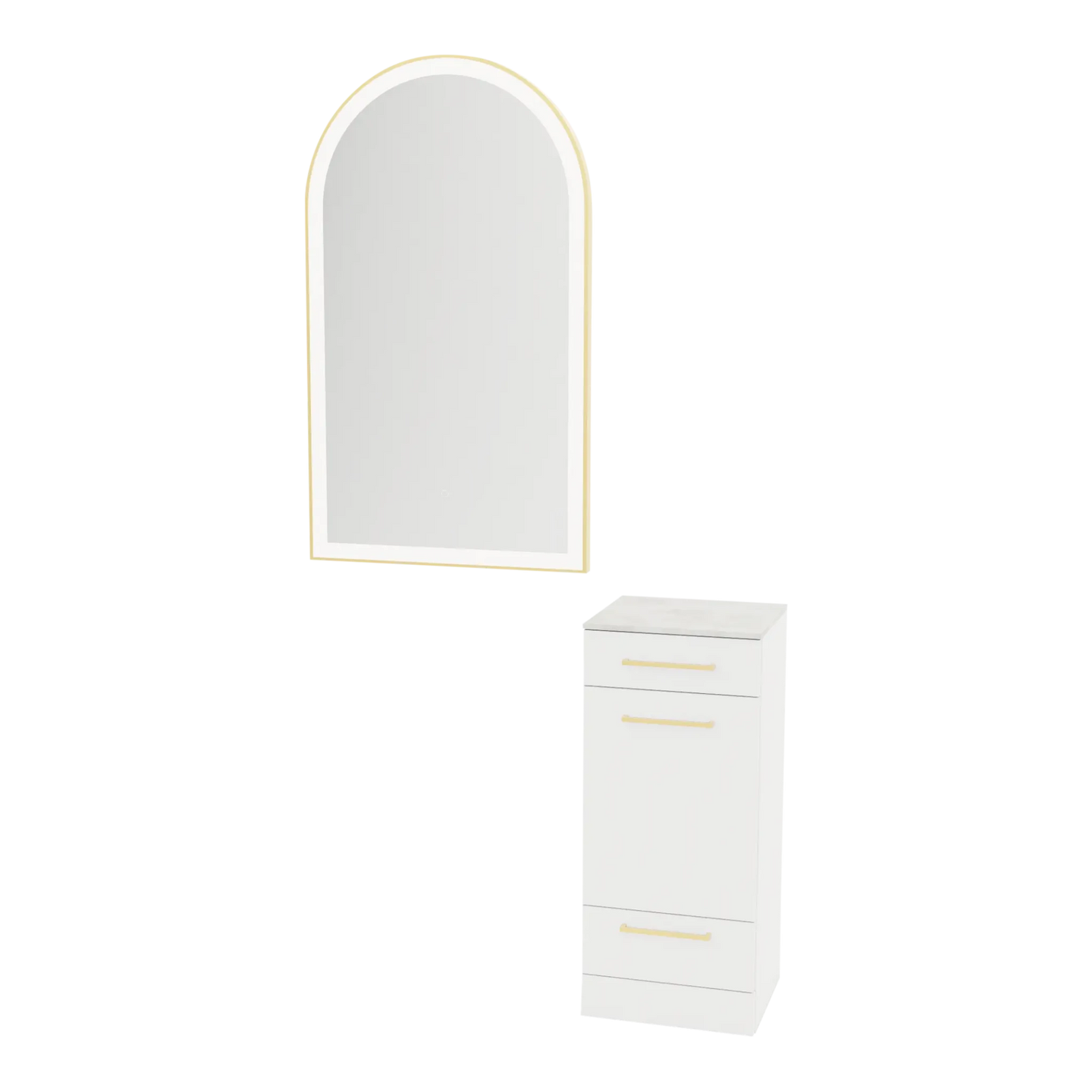 Rococo Mobile Styling Station with Tilt-out Appliance Holder, Solid Surface Countertop, and Gold Arch Paloma Mirror - Kaemark