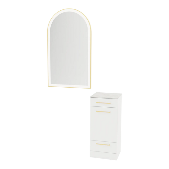 Rococo Mobile Styling Station with Tilt-out Appliance Holder, Solid Surface Countertop, and Gold Arch Paloma Mirror - Kaemark